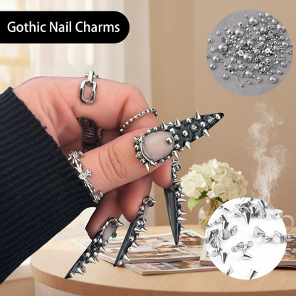 Professional nail art design featuring Plkdjdm metal rivets