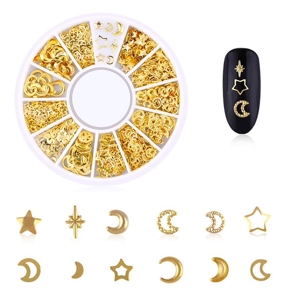 Assortment of metallic silver moon and flower hollow charms arranged inside the clear storage containers.
