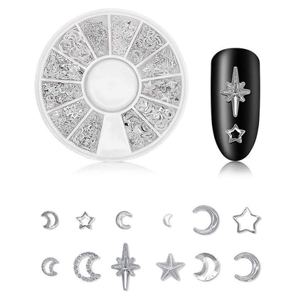 Complete kit overview showcasing six individual wheels of gold and silver decorations alongside application accessories.