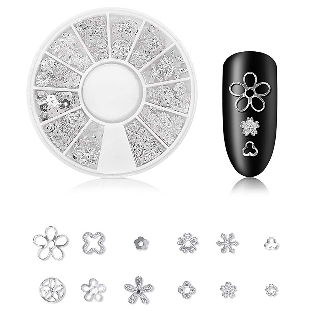 Creative layout showing the mixed-shape hollow rivets applied onto finished manicure nail tips.