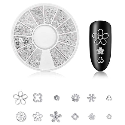 Creative layout showing the mixed-shape hollow rivets applied onto finished manicure nail tips.