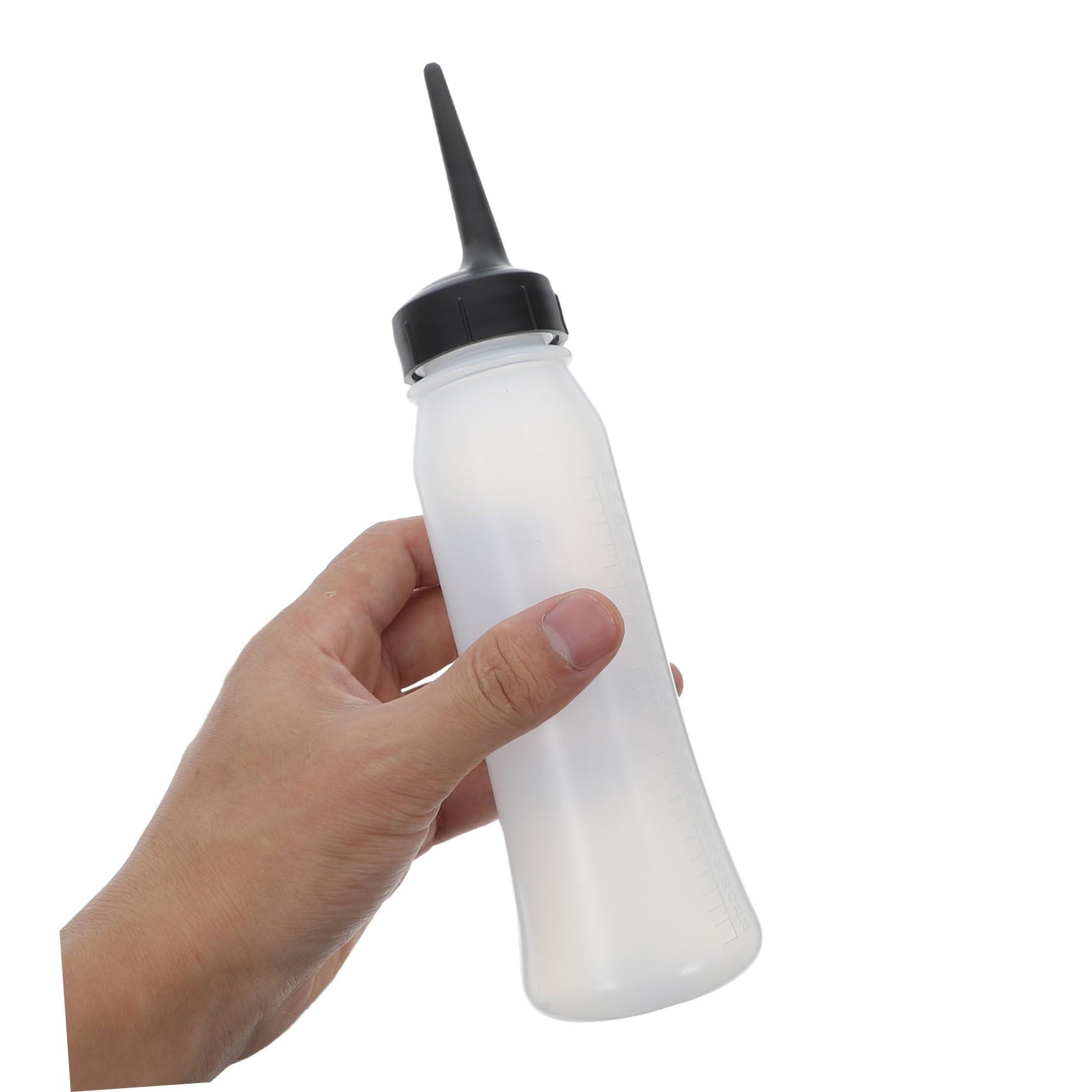 Close up of the precise measurement scale on the side of the clear squeeze applicator bottle.