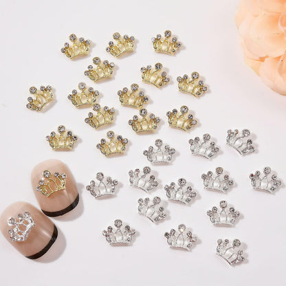 Assorted collection of gold silver and gray metallic bow nail jewels for professional nail art.