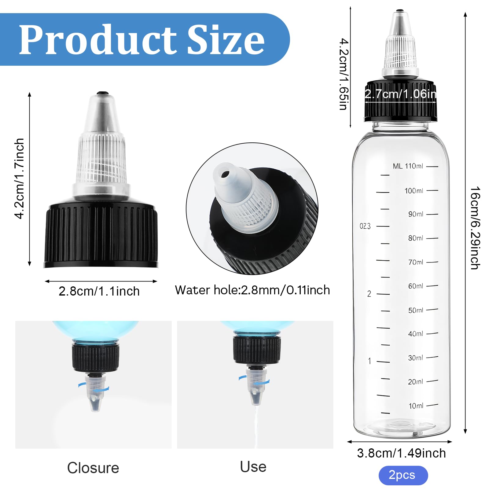 Close up of the clear graduated measurement scale on the four ounce plastic squeeze bottle dispenser