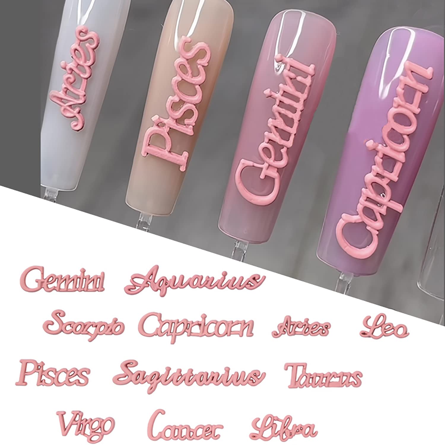 Demonstration of zodiac hollow letter charms applied onto glossy salon gel nails.