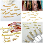 Side angle view of gold and pink alloy word message studs