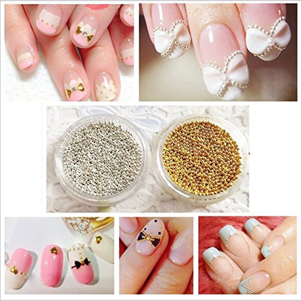 Close up view of 1 millimeter silver studs metal tips for 3D micro caviar nail decoration.