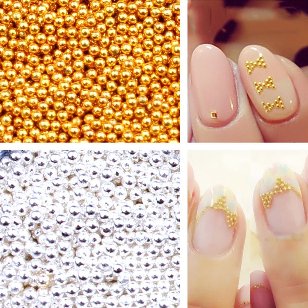 Demonstration of Mygitter nail art metallic micro balls applied beautifully on an elegant manicured hand.