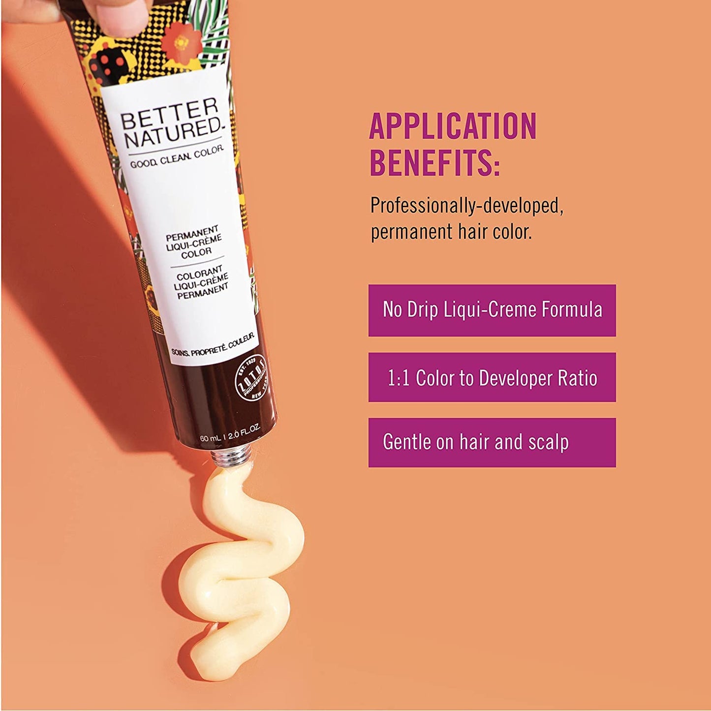 Side view of Better Natured eight fluid ounce applicator bottle for salon-quality DIY hair coloring