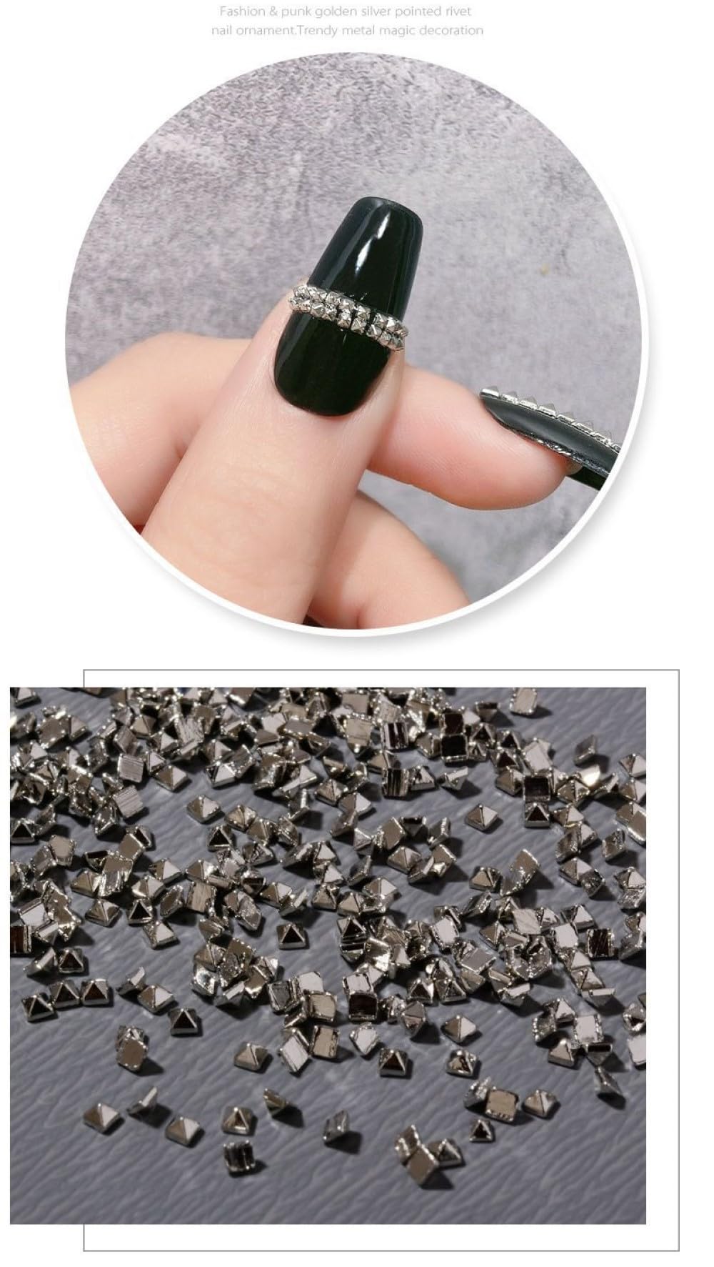 Silver flatback pyramid studs arranged neatly to show the 1.2 millimeter to 2.0 millimeter sizing.