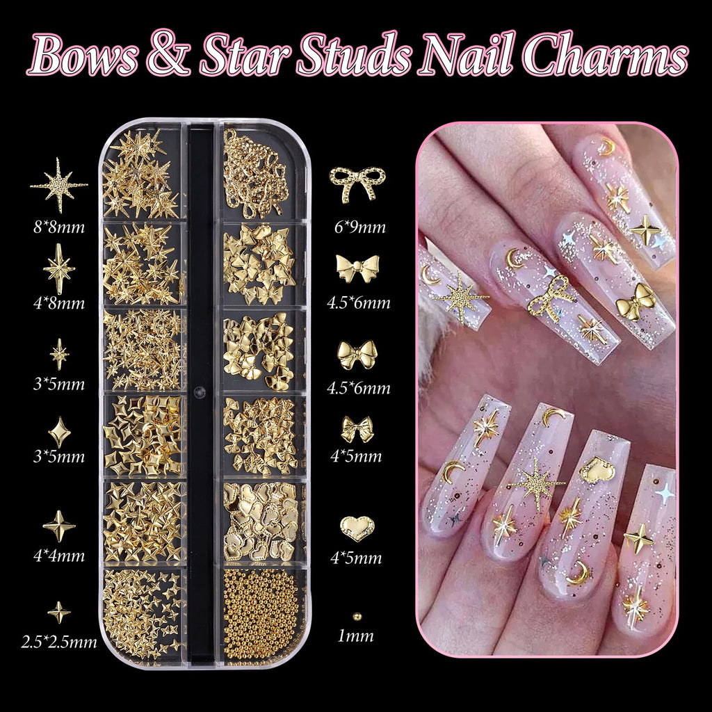Assorted bow and heart gold alloy nail studs close up