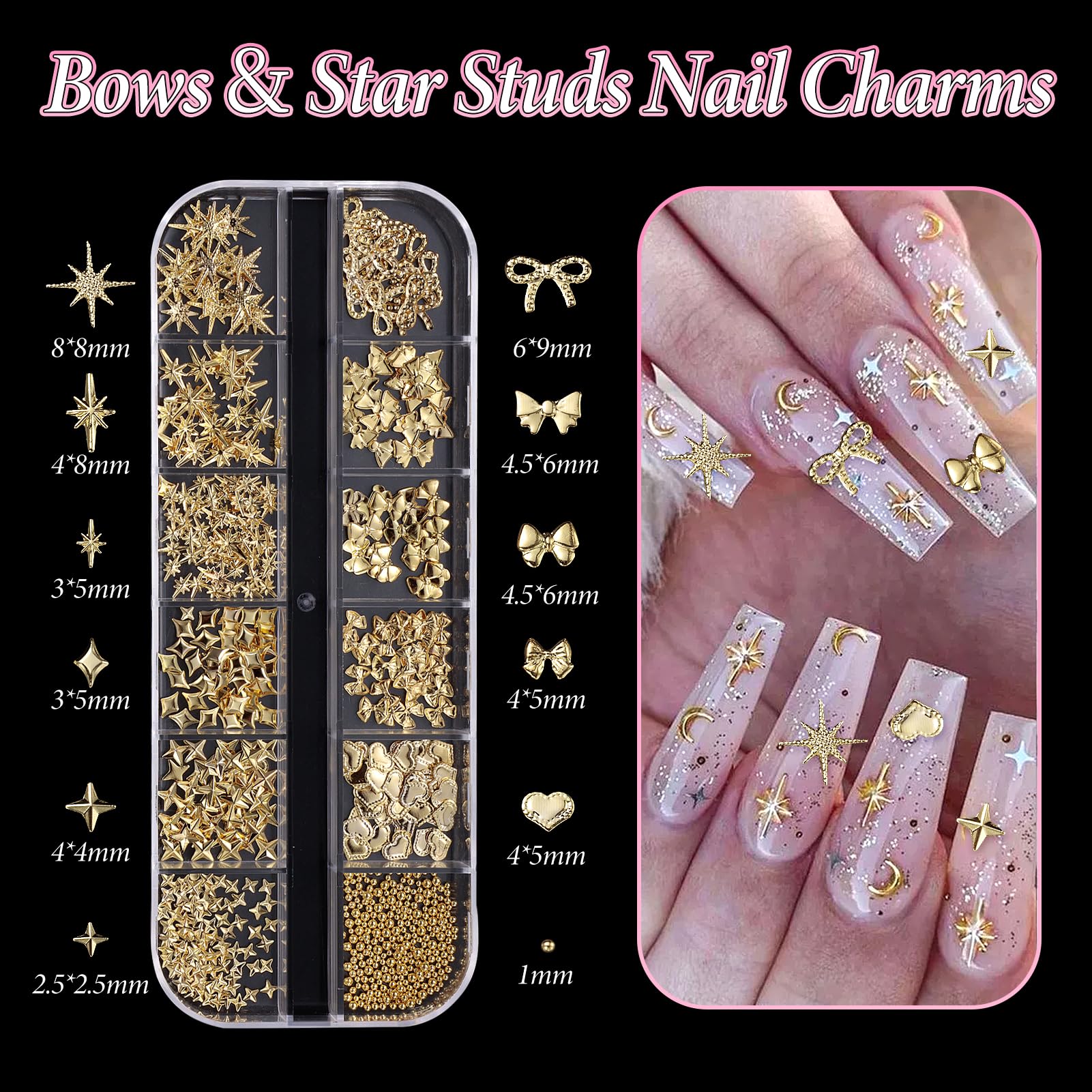 Assorted gold alloy nail studs featuring bowknots and hearts close up view