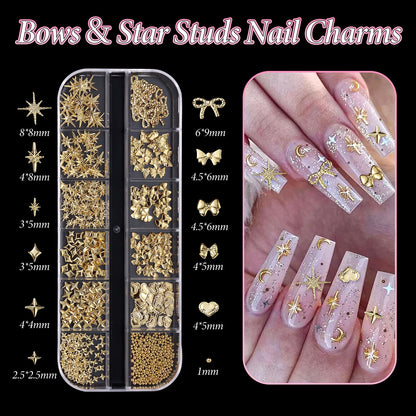 Assorted gold alloy nail studs featuring bowknots and hearts close up view