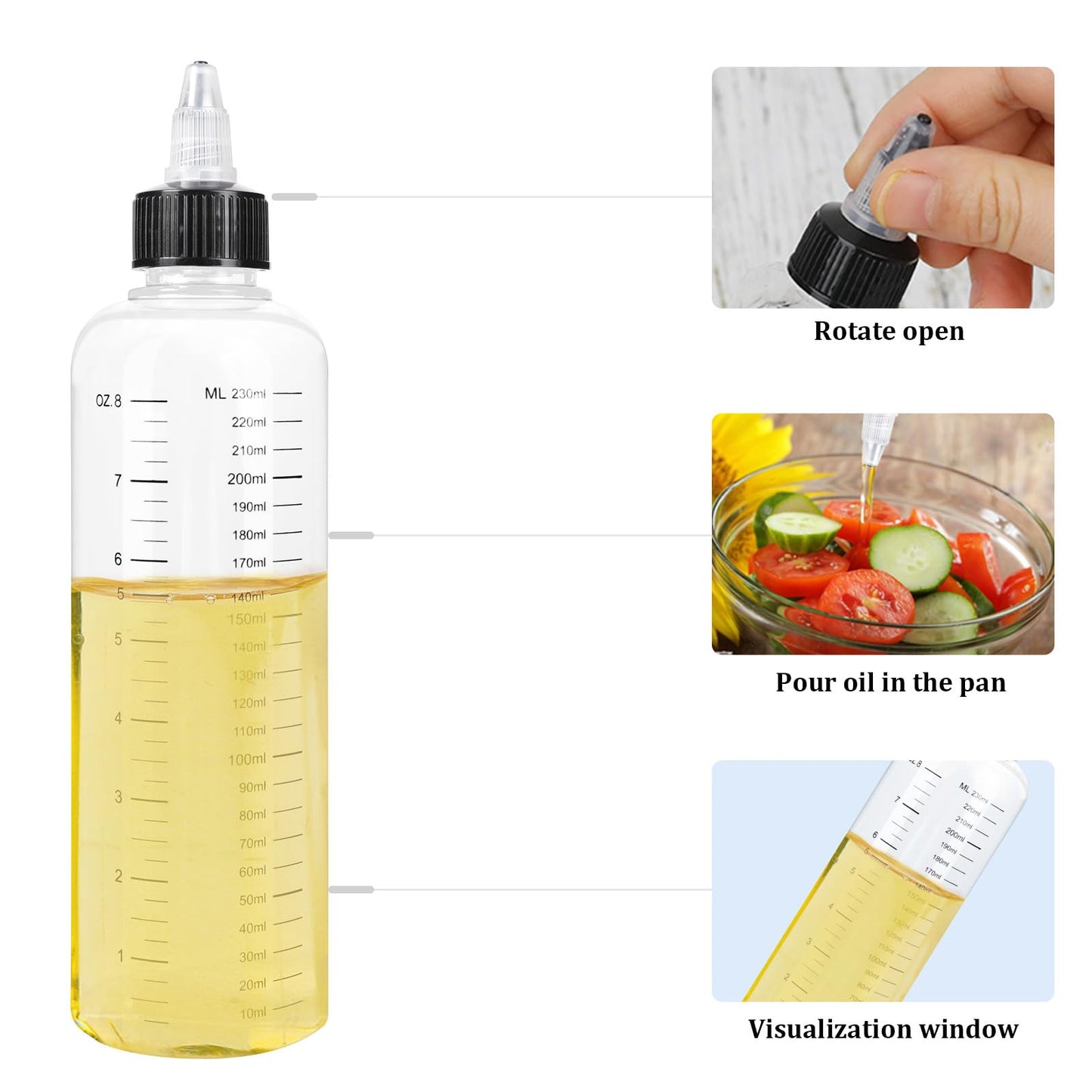 Side view of Segbeauty plastic hair coloring bottle highlighting the clear milliliter and ounce scale.