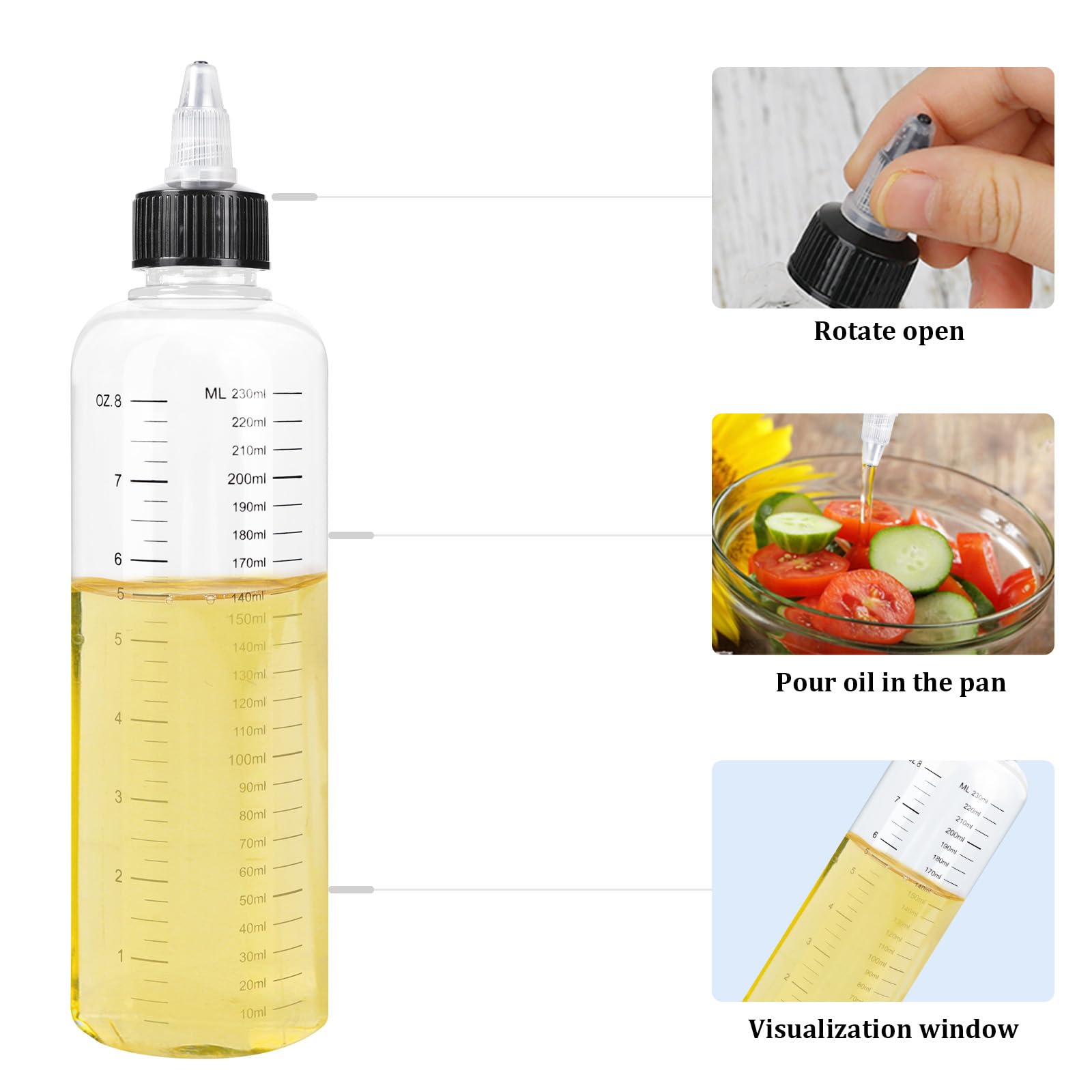 Side view of Segbeauty plastic hair coloring bottle highlighting the clear milliliter and ounce scale.