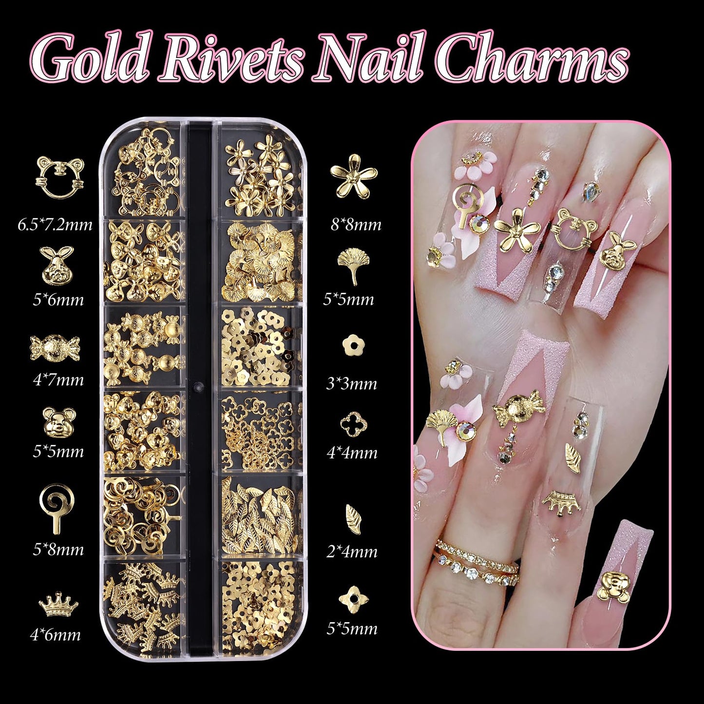 Luxury gold metal flower and star nail jewelry items separated in grid compartments
