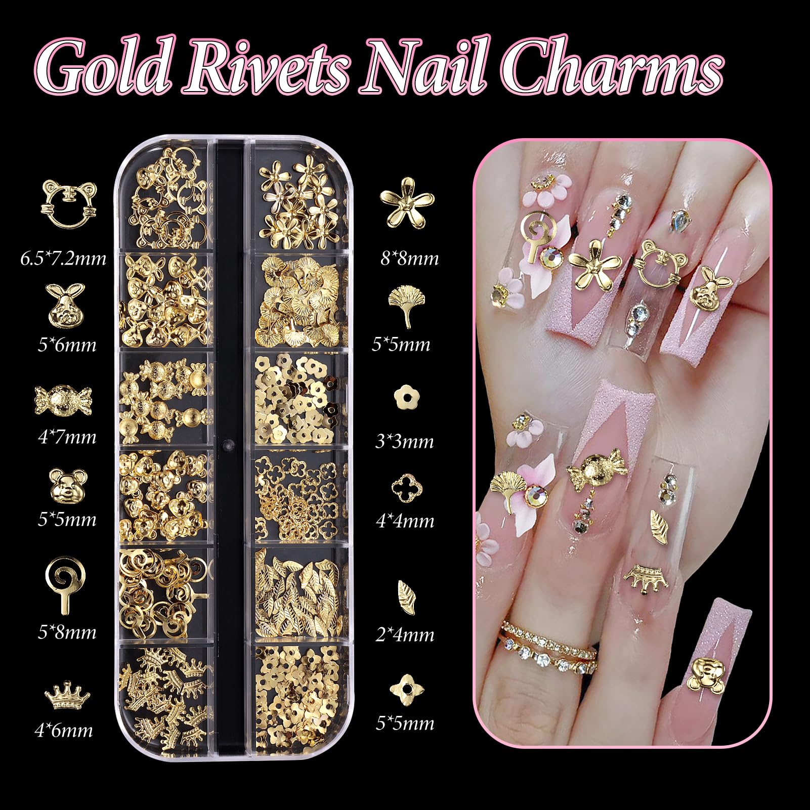 Luxury gold metal flower and star nail jewelry items separated in grid compartments