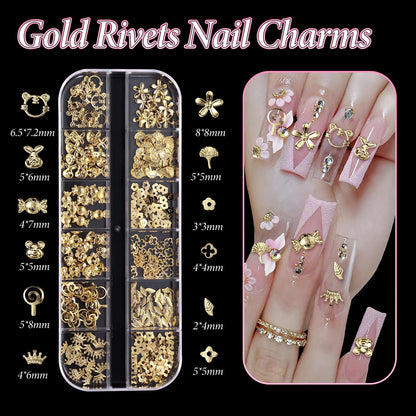 Luxury gold metal flower and star nail jewelry items separated in grid compartments