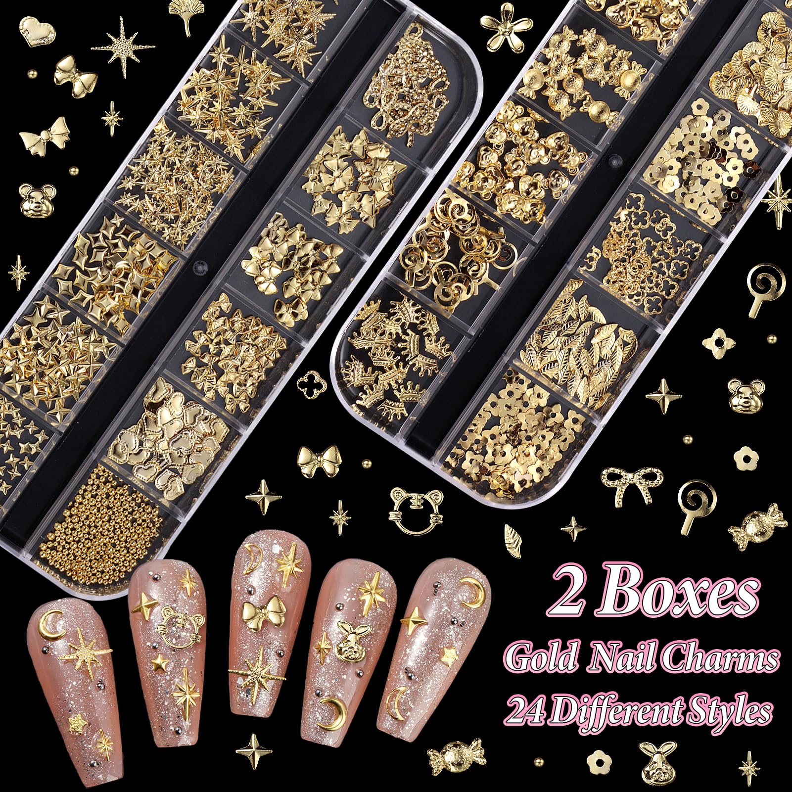 Two boxes of non hotfix flatback gold rivet nail decorations overhead angle