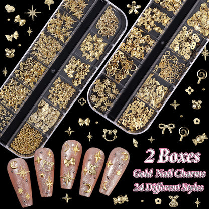 Two boxes of non hotfix flatback gold rivet nail decorations overhead angle