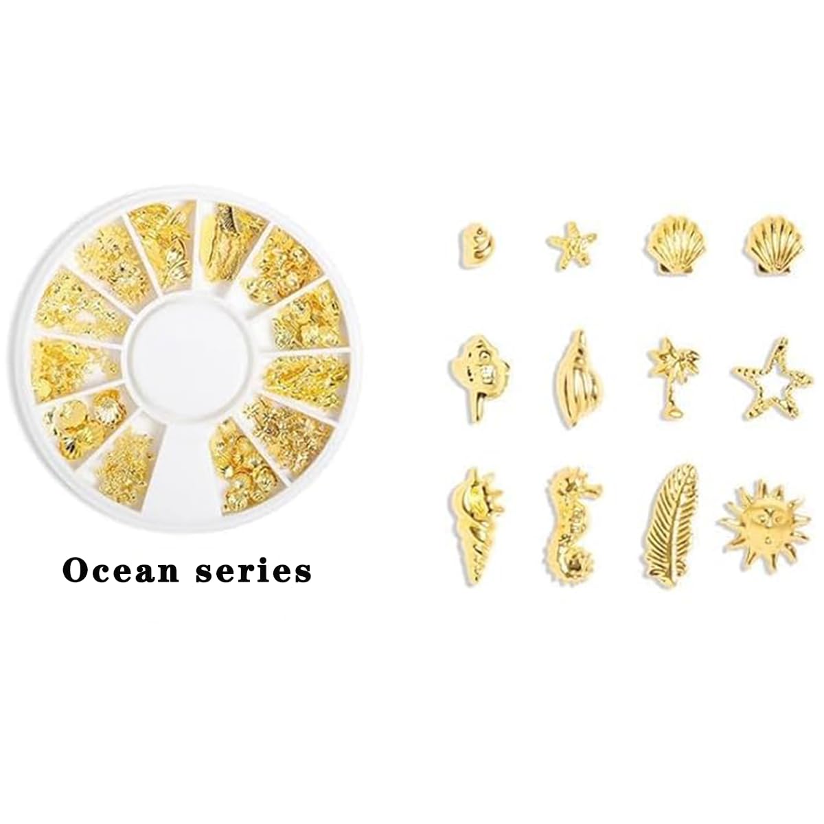 Durable metal marine life nail charms displayed flat to show intricate detailing and shiny finish.