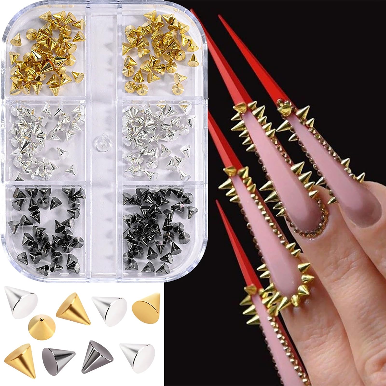 Close up of gold and silver hollow star and moon metal nail decorations in a circular sorting case