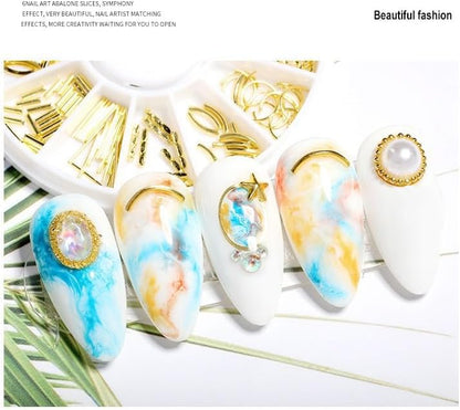 Step by step application of COOSLIM gold ocean studs onto acrylic extensions using tweezers.
