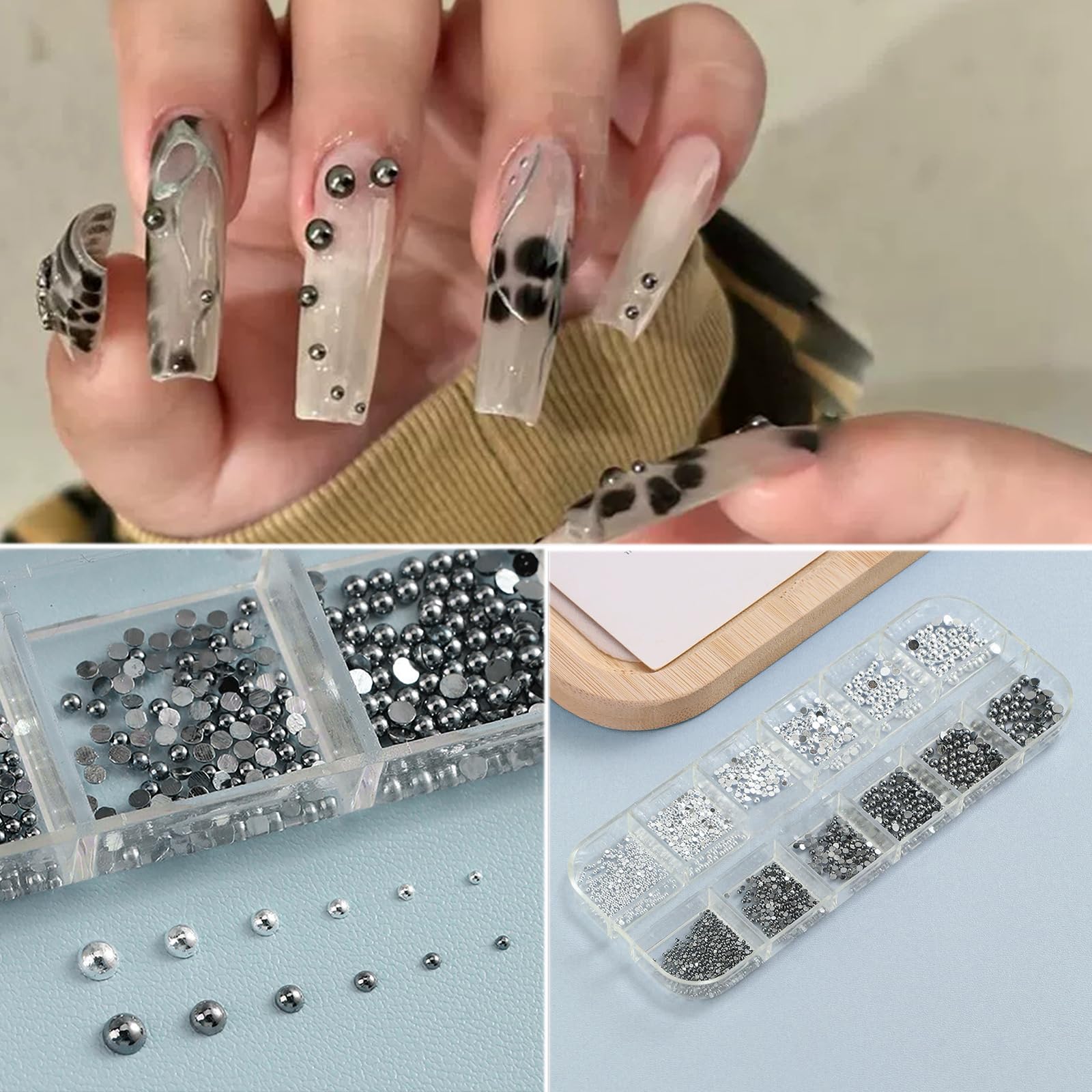 Premium purple curved manicure tweezers placing a metallic flower stud onto a decorated nail surface