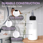 Flexible low density polyethylene four ounce bottle being squeezed for precise dispensing