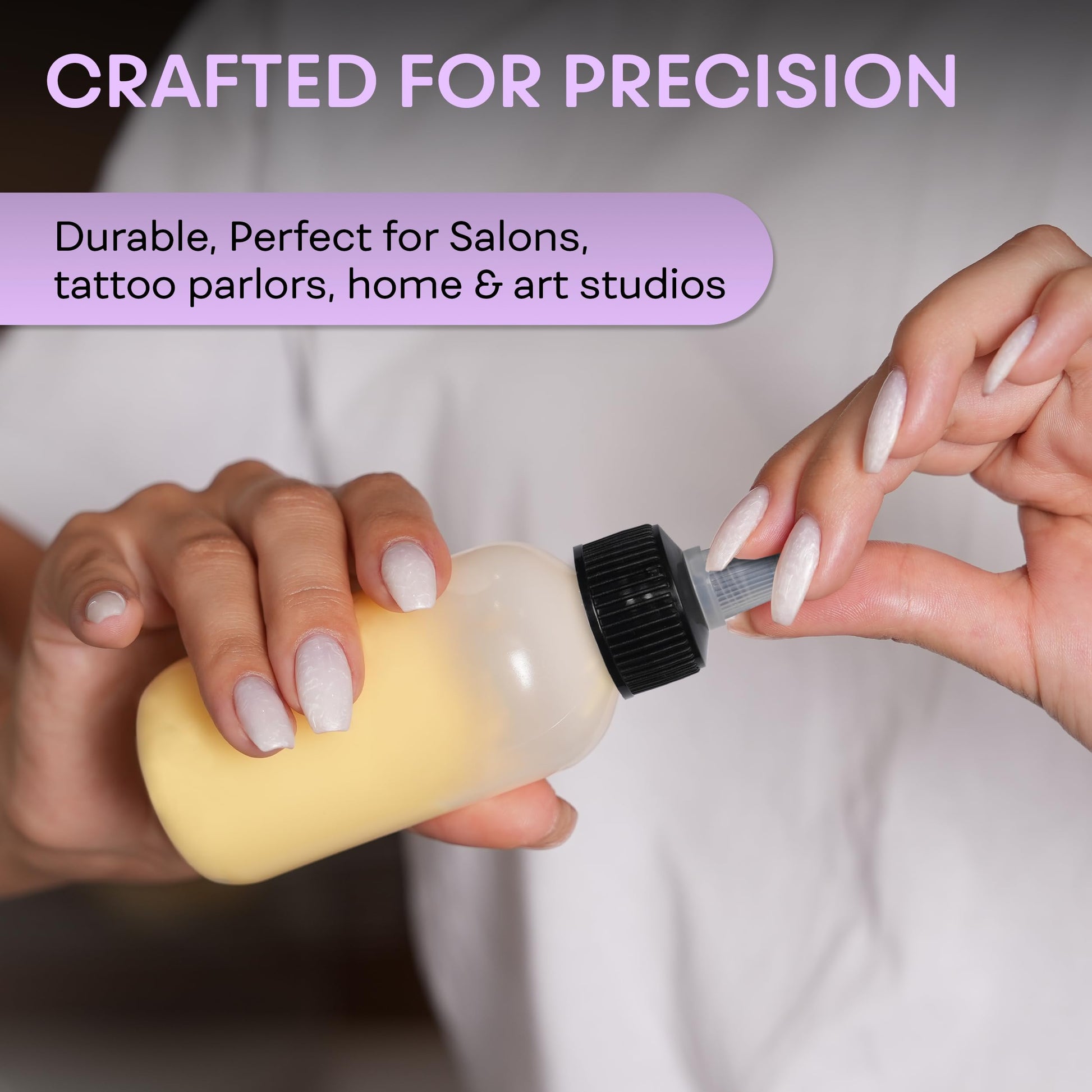 Leakproof twist top mechanism highlighted on an empty clear applicator bottle