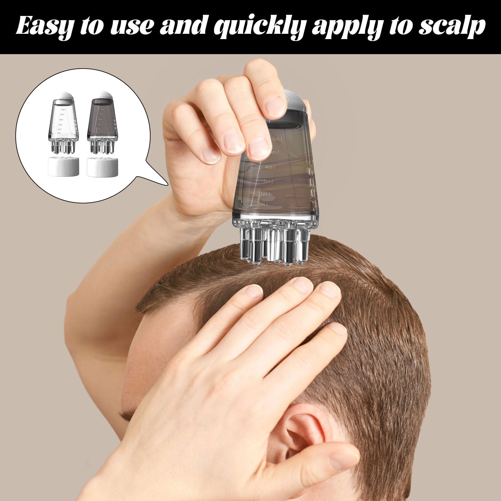 Ergonomic hair oiling tool being held to demonstrate the compact travel size.