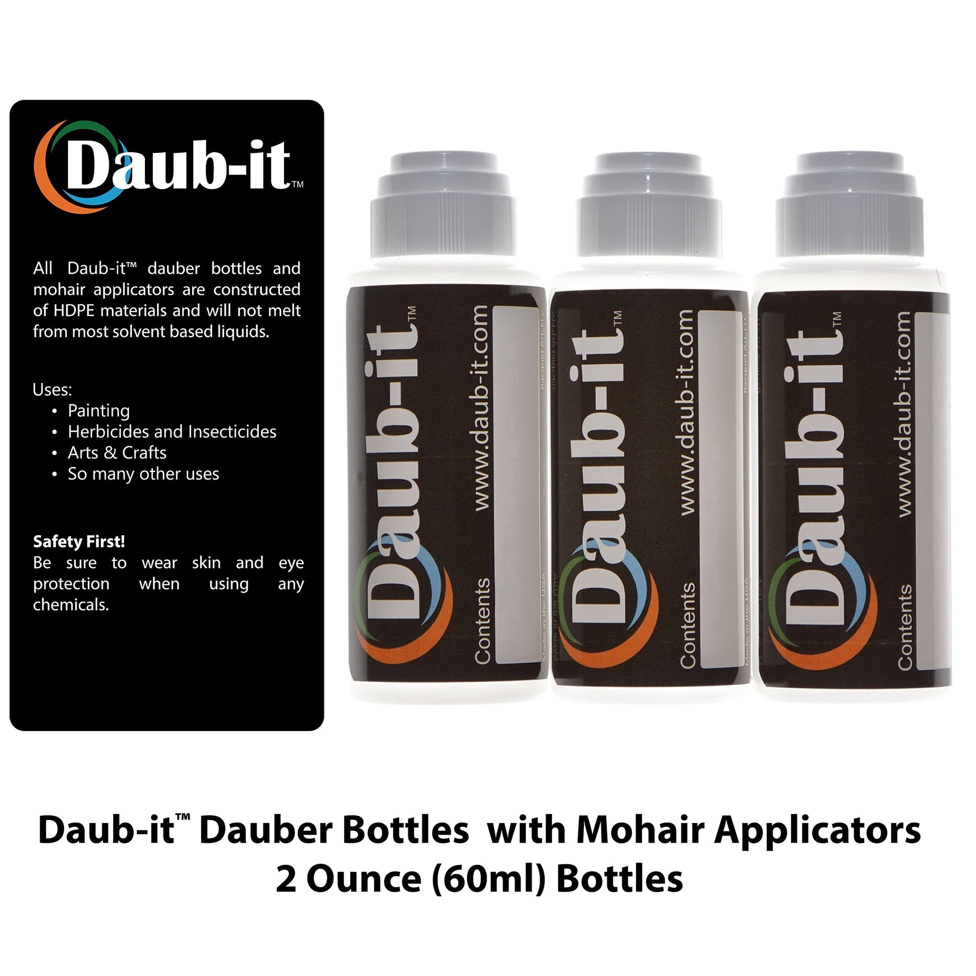 Three High Density Polyethylene two ounce bottles with mohair dauber tips detached.