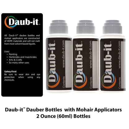 Three High Density Polyethylene two ounce bottles with mohair dauber tips detached.