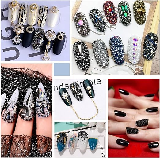 Close up view of multi size black metal micro studs applied elegantly onto a glossy gel manicure.