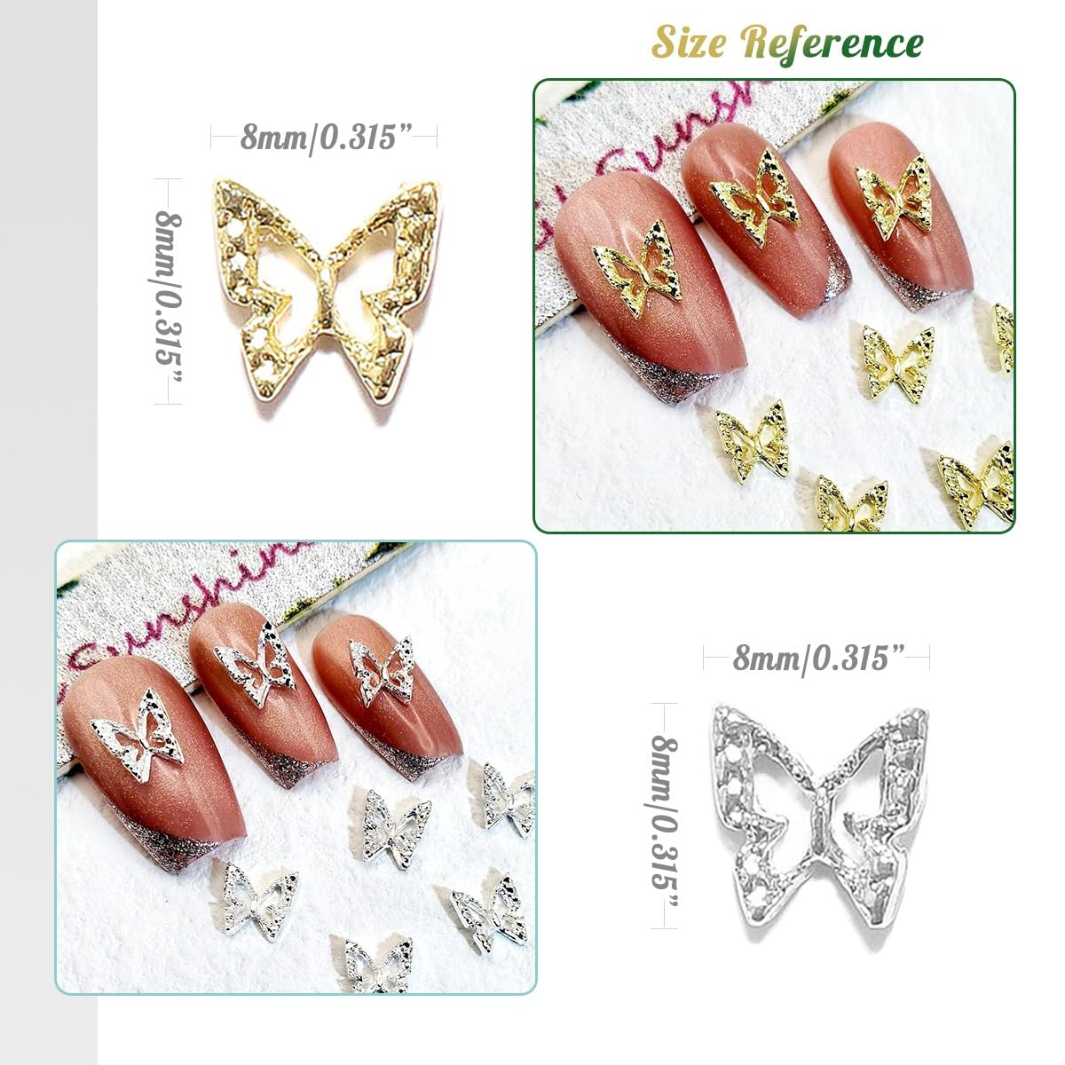 Silver 3D butterfly rhinestones and metallic gems laid out on a flat surface demonstrating the variety of sizes and shapes included in the bulk pack.