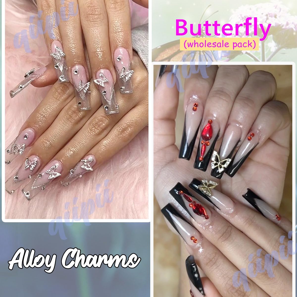 Creative application of Qiipii butterfly charms used as decorative accents for personalized DIY crafts and festive beauty makeup styling.