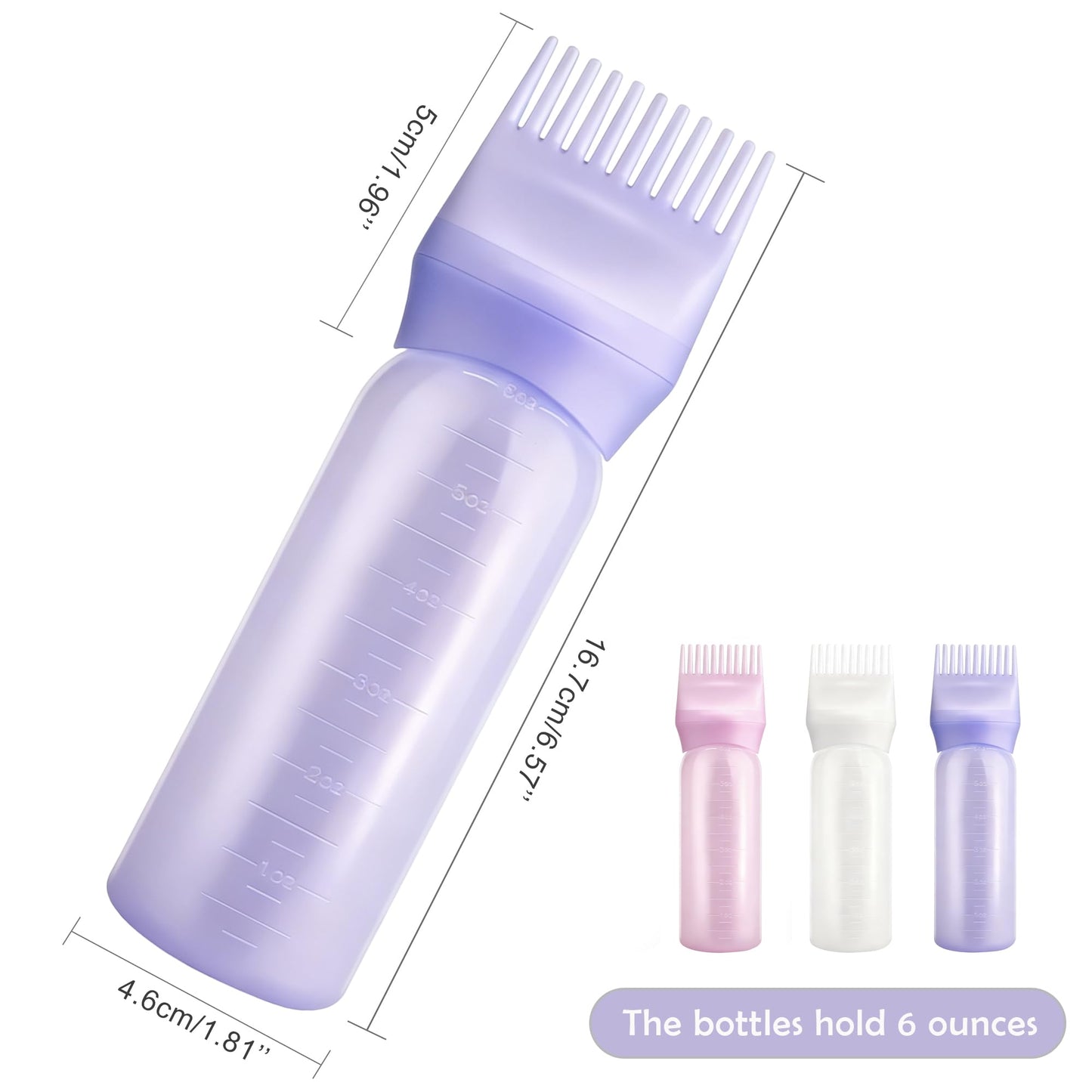 Detailed shot of the integrated root comb nozzle on the pliable plastic hair dye brush applicator bottle.