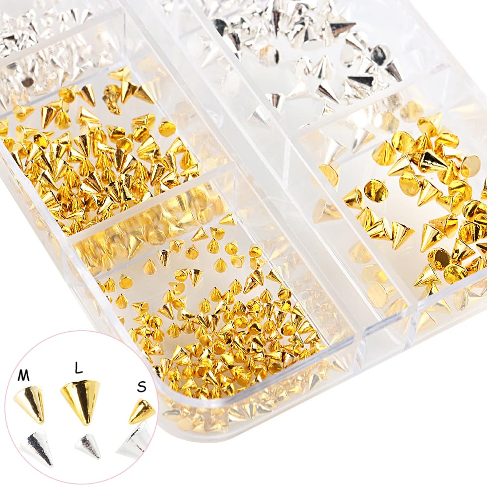 Gothic style manicure showcase highlighting gold cone spike nail charms applied on matte black base polish