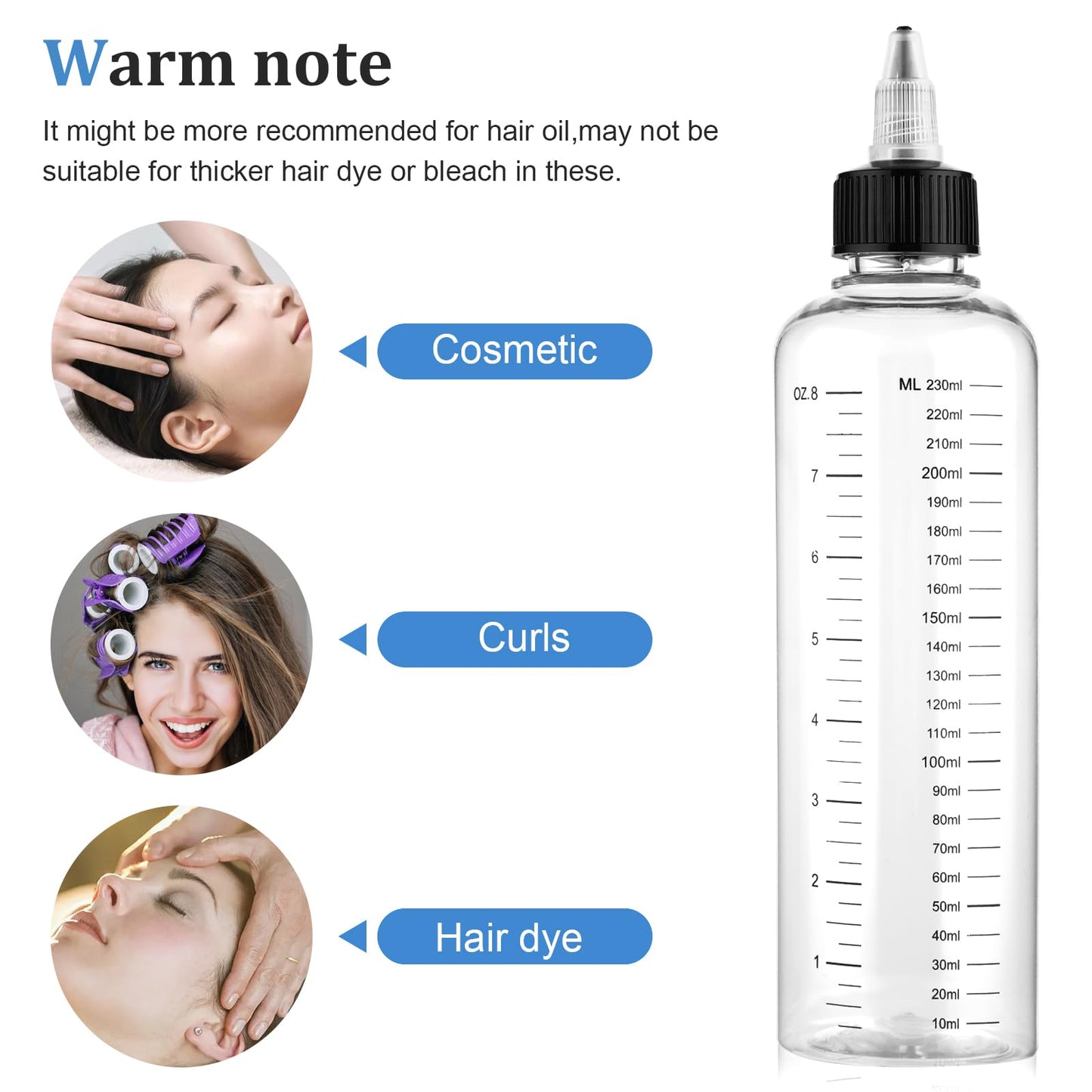 Leak proof twist cap mechanism on the SynHHergyx 8.5 Ounce hair oil dispenser.