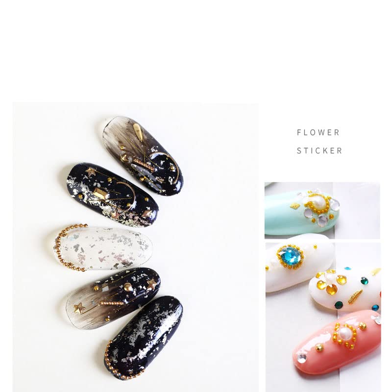 An assortment of multi-colored pixie-style nail art embellishments including rose gold and metallic black mini steel balls.