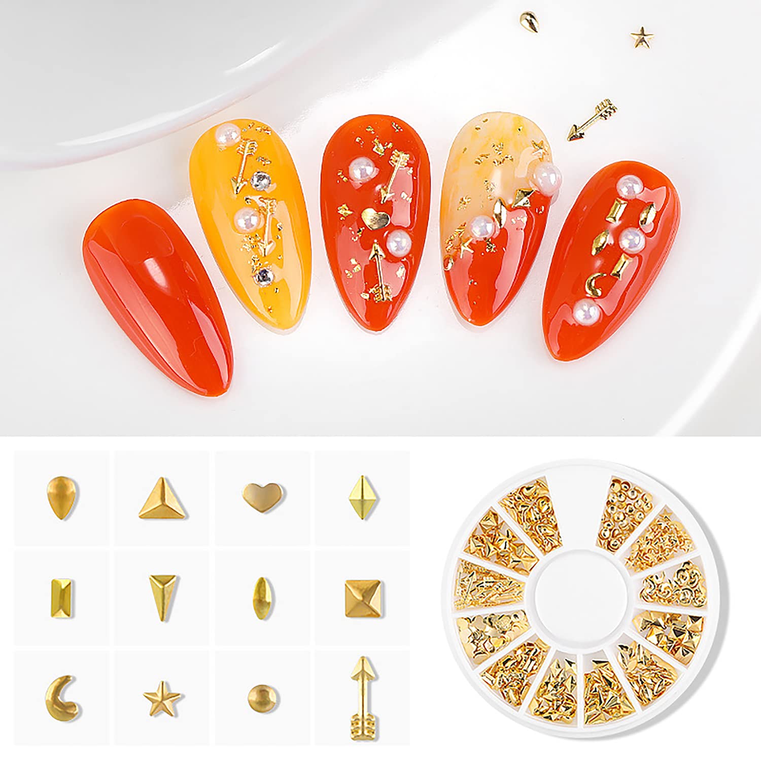 Danneasy 3D gold metal nail art studs featuring hollow star, moon, and heart shapes.