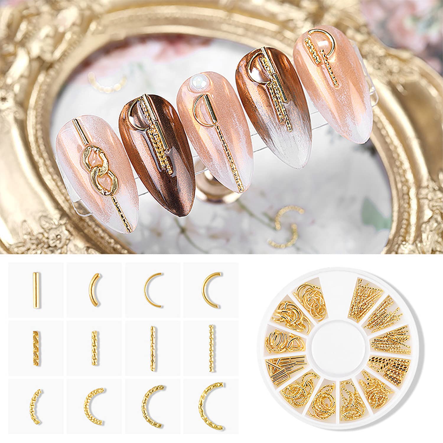 Danneasy gold manicure charms kit showcasing geometric squares and triangles for acrylic nails.