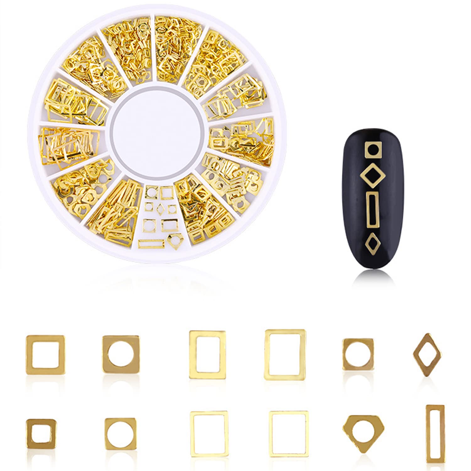 Close up view of luxury gold celestial and nature motif charms for salon manicures.
