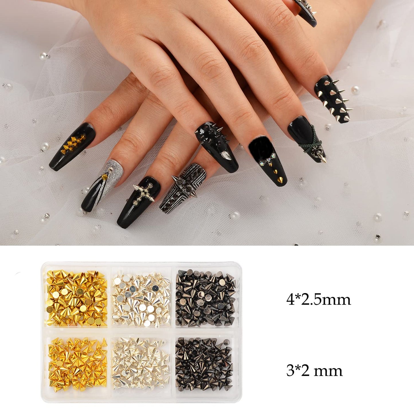 Close up view of miniature three millimetre alloy rivet studs for detailed manicure styling