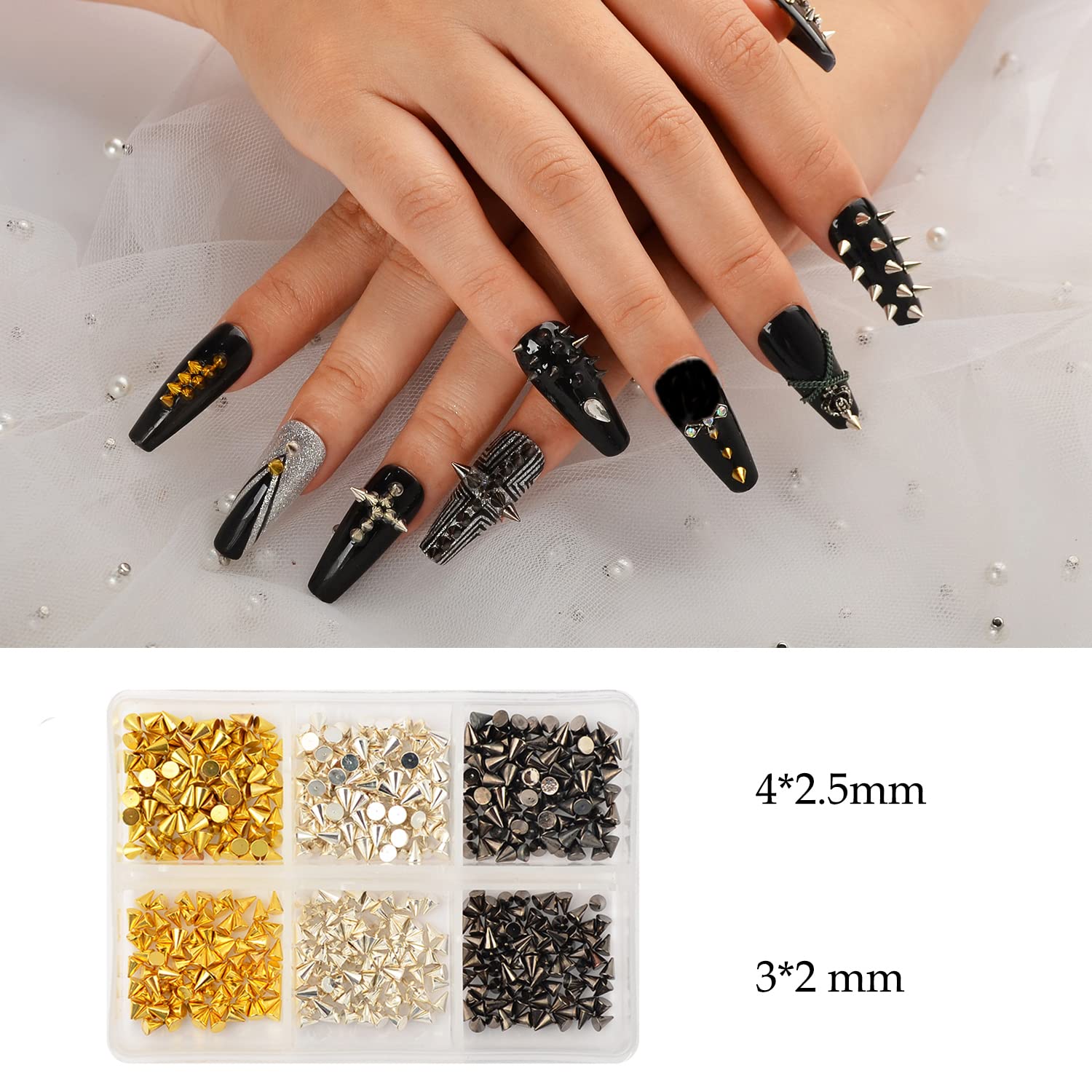 Close up view of miniature three millimetre alloy rivet studs for detailed manicure styling