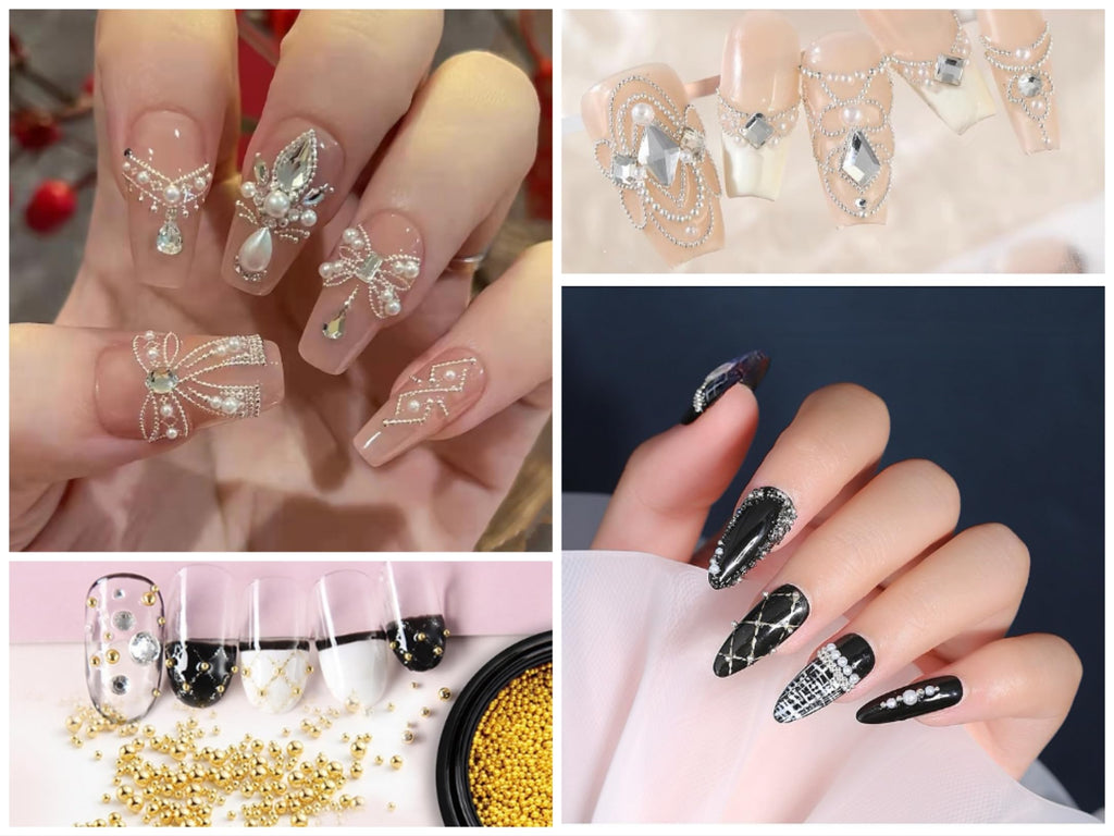 Creative nail art design featuring metal ball beads
