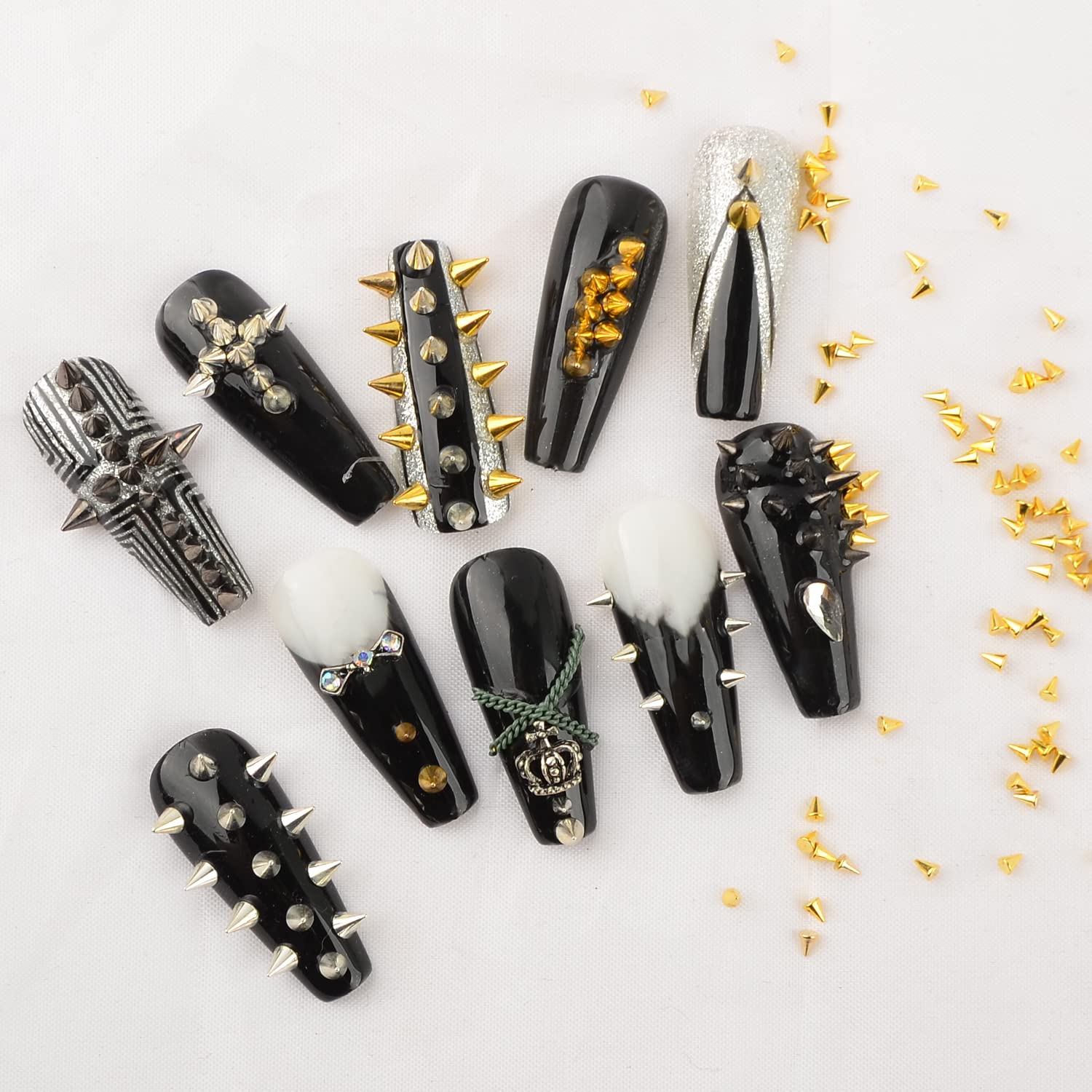 Six separate storage jars containing flatback metallic cone spike decorations for custom crafts