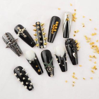Six separate storage jars containing flatback metallic cone spike decorations for custom crafts