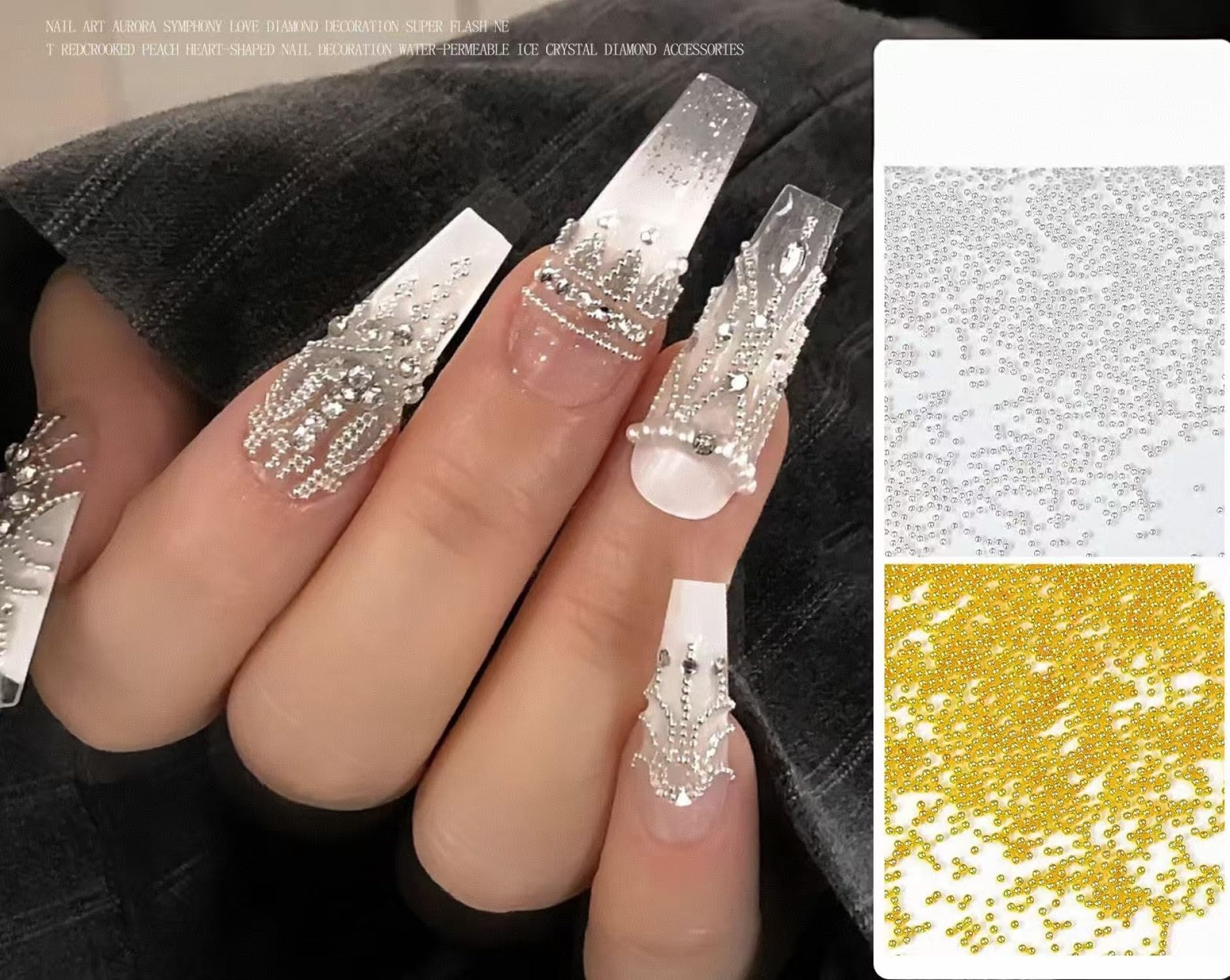 Arrangement of different sized gold yellow nail studs and metallic beads ready for creative domestic manicure application