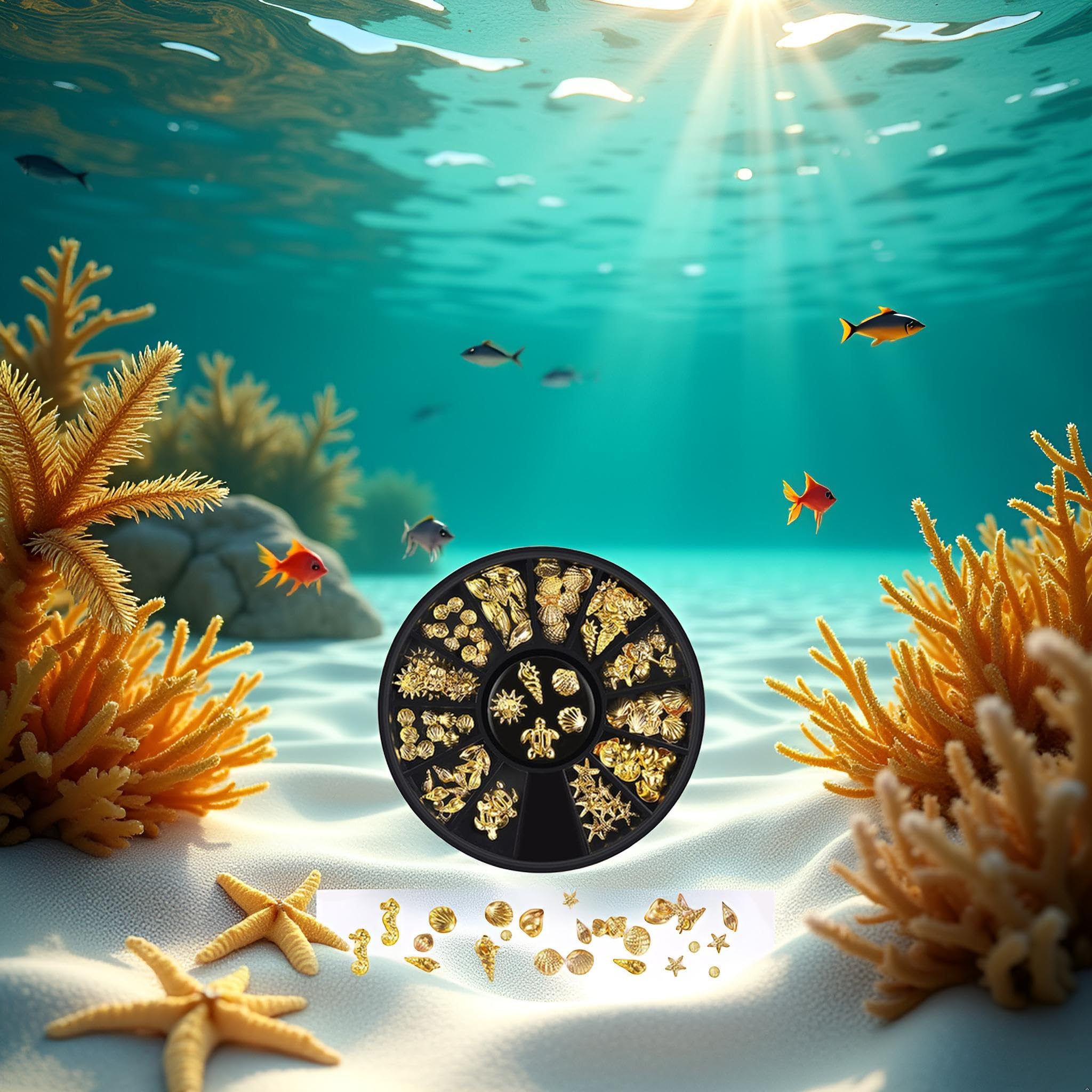 Close up of metallic gold starfish and sea turtle charms for summer beach manicures.